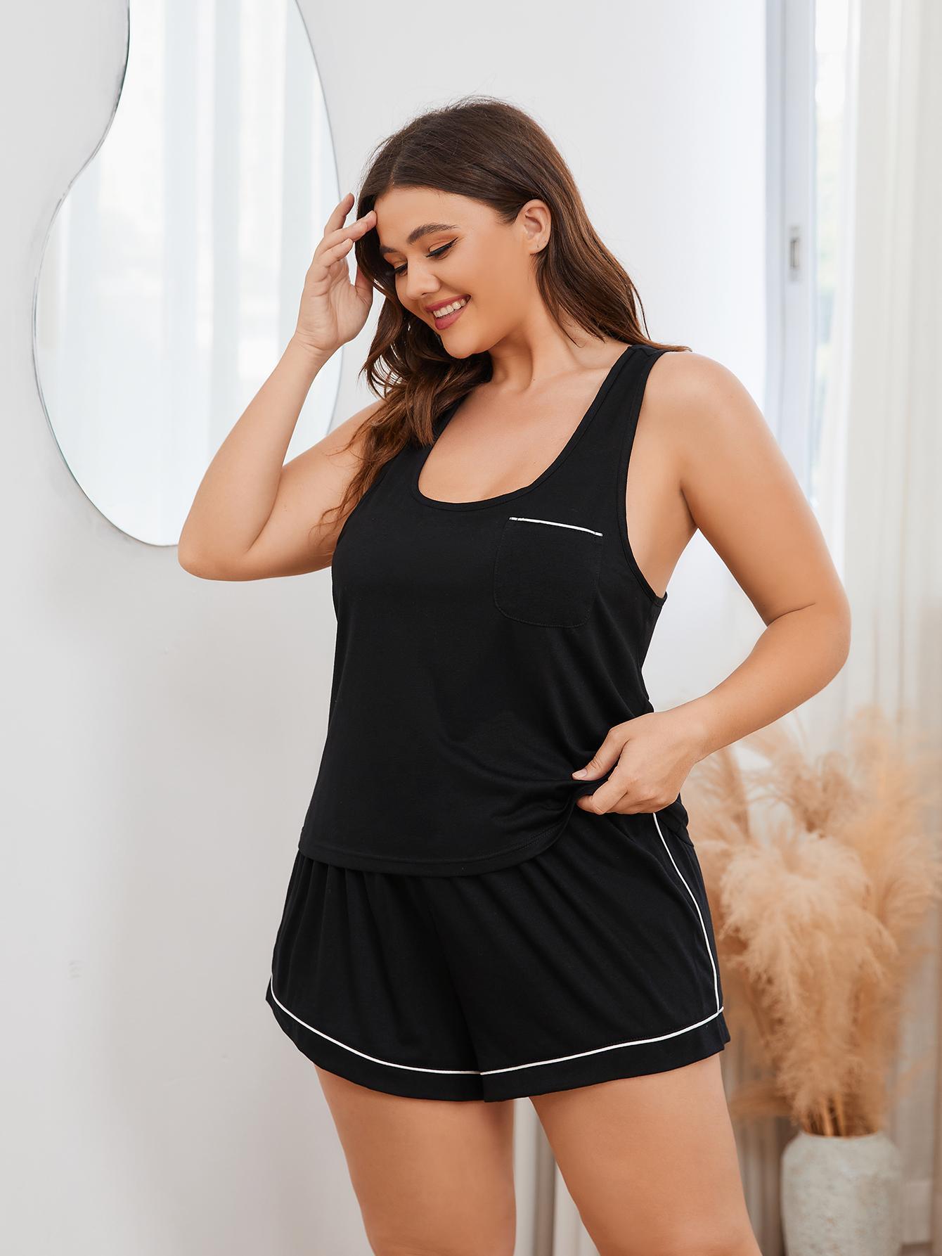 Plus Size Contrast Piping Racerback Tank and Shorts Lounge Set | Maekery Studio