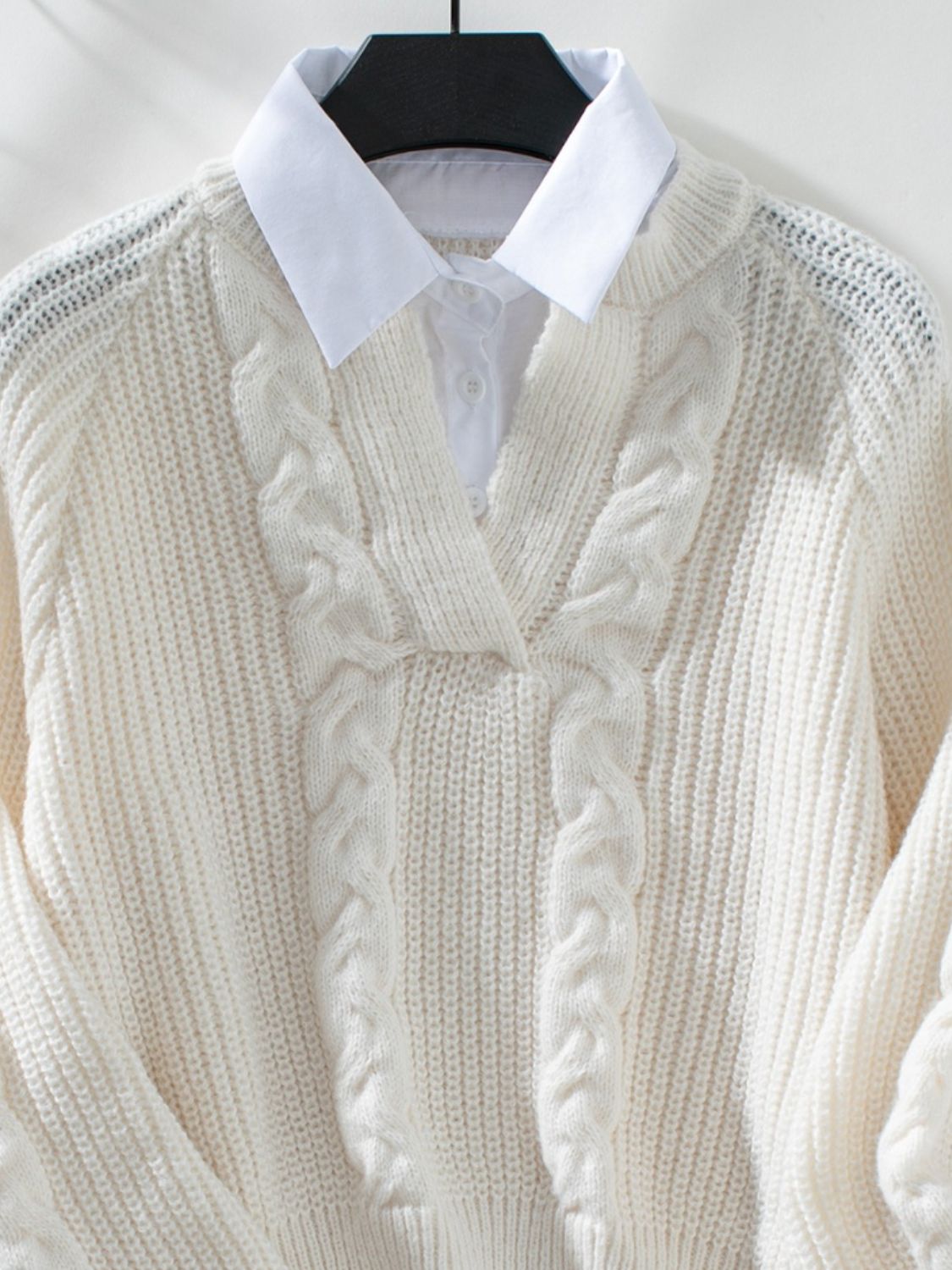 Cable-Knit Collared Neck Faux Layered Sweater