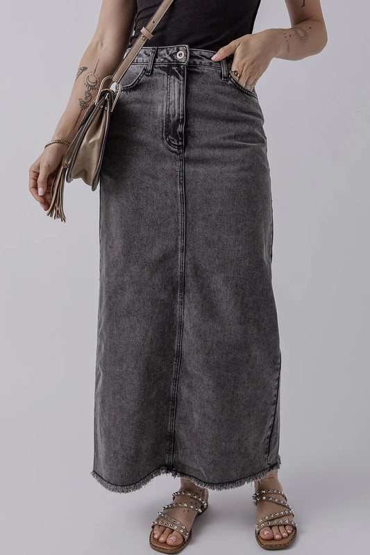 Raw Hem Midi Denim Skirt with Pockets | Maekery Studio