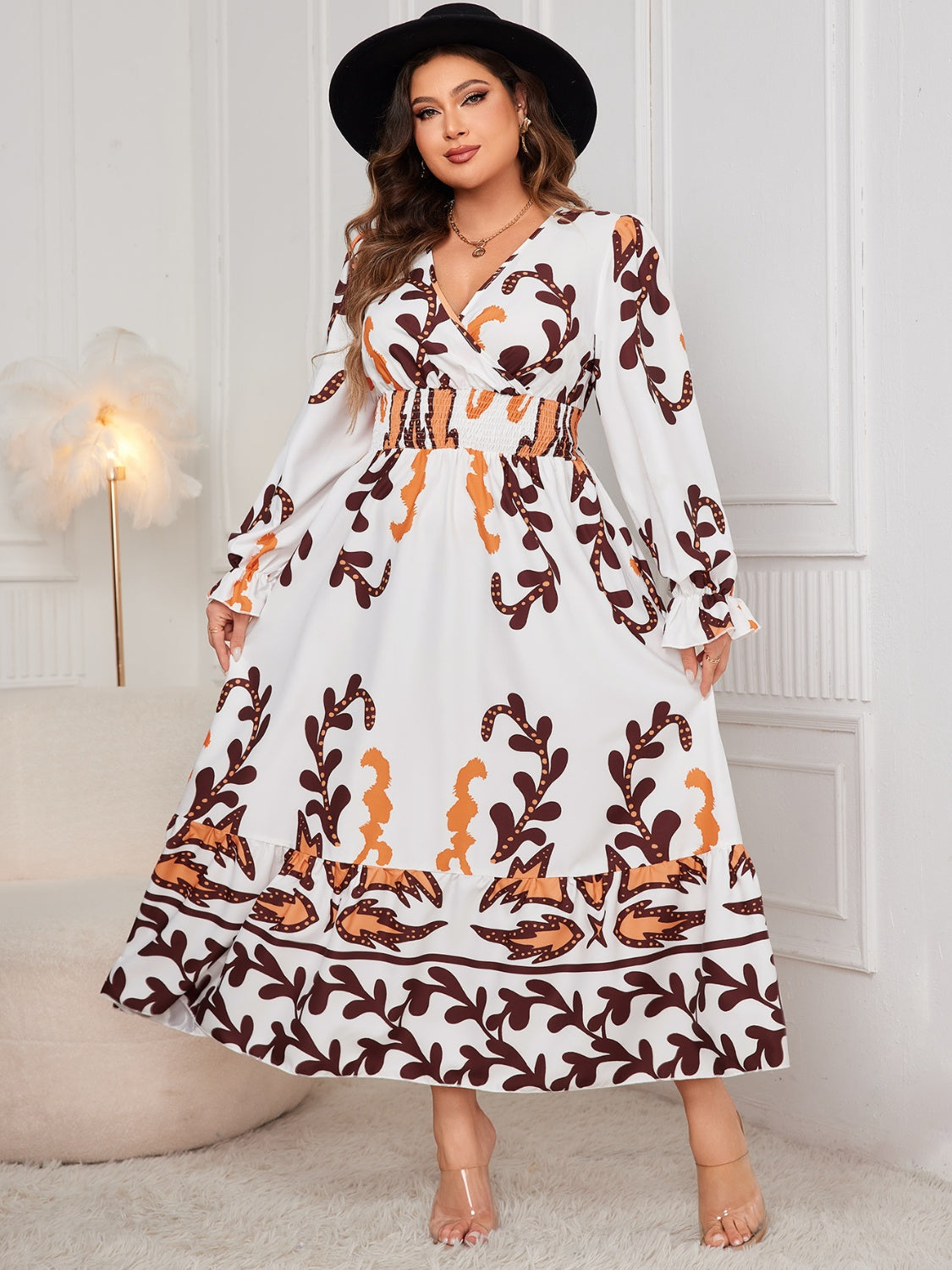 Honey Plus Size Printed Surplice Flounce Sleeve Dress | Maekery Studio