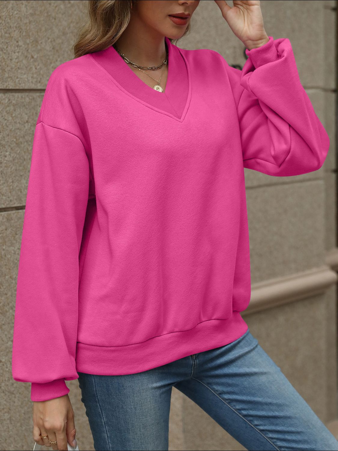 V-Neck Long Sleeve Dropped Shoulder Sweatshirt | Maekery Studio