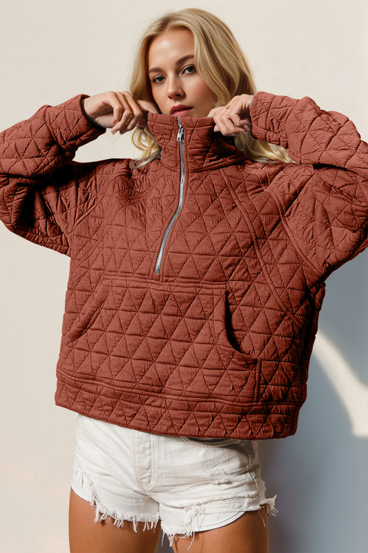 Double Take Half Zip Long Sleeve Quilted Sweatshirt with Pocket | Maekery Studio