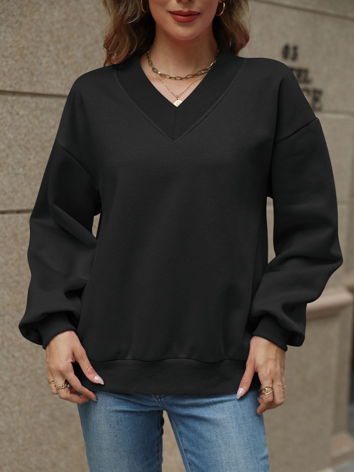 V-Neck Long Sleeve Dropped Shoulder Sweatshirt | Maekery Studio