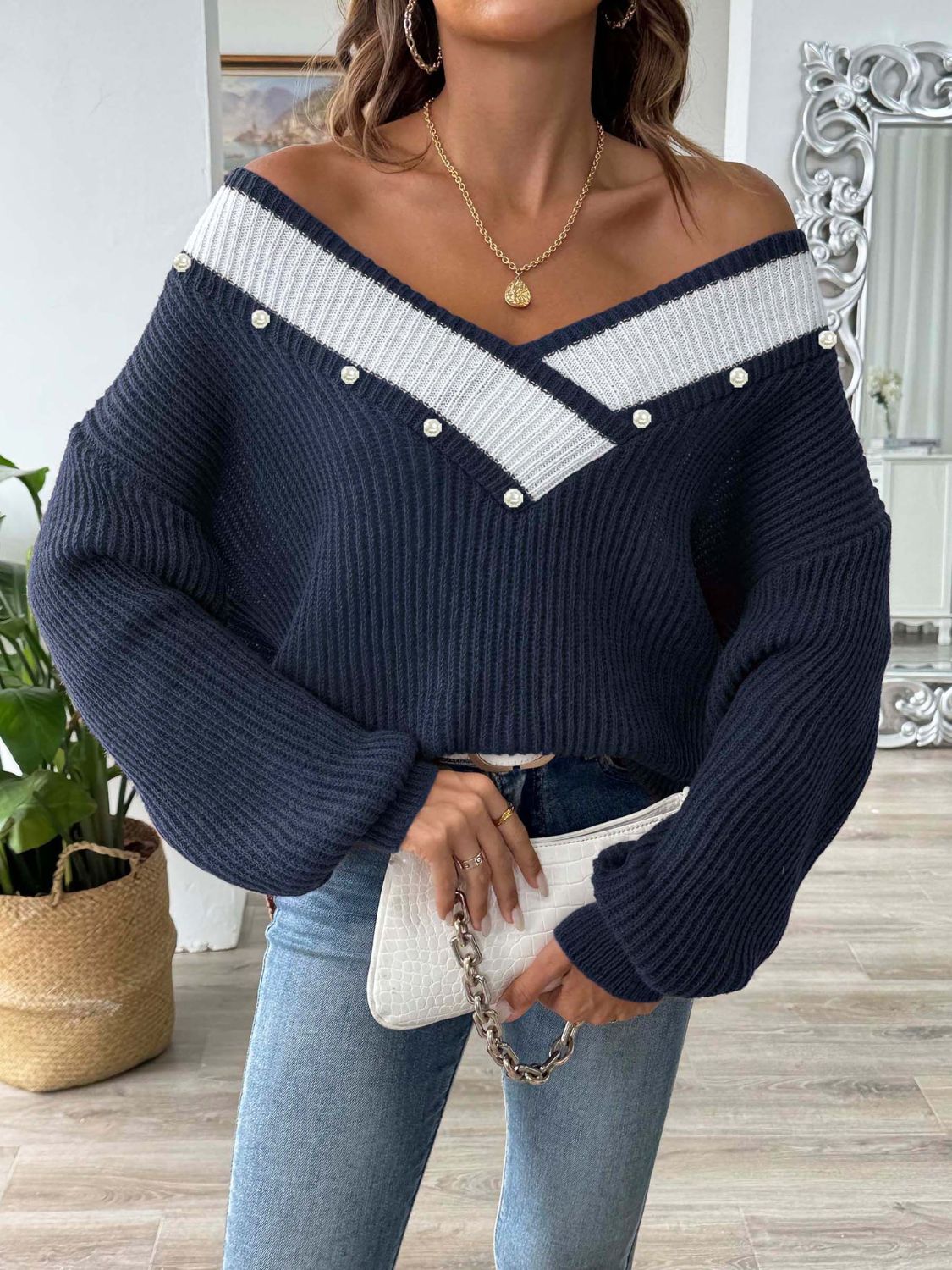 Contrast Trim Dropped Shoulder Long Sleeve Sweater | Maekery Studio