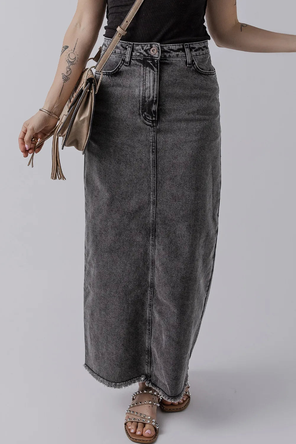 Raw Hem Midi Denim Skirt with Pockets | Maekery Studio