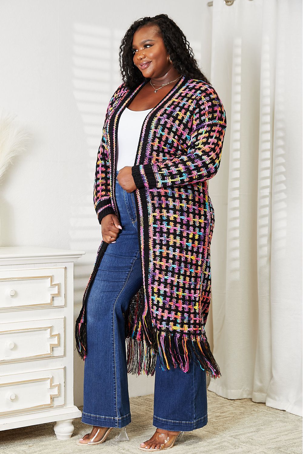 Angel Wings Full Size Multicolored Open Front Fringe Hem Cardigan | Maekery Studio