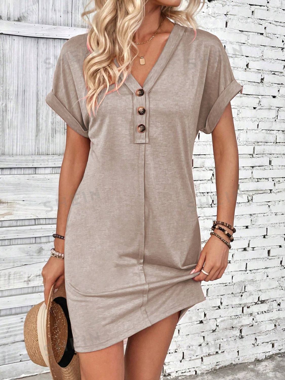 Quarter Button V-Neck Short Sleeve Dress | Maekery Studio