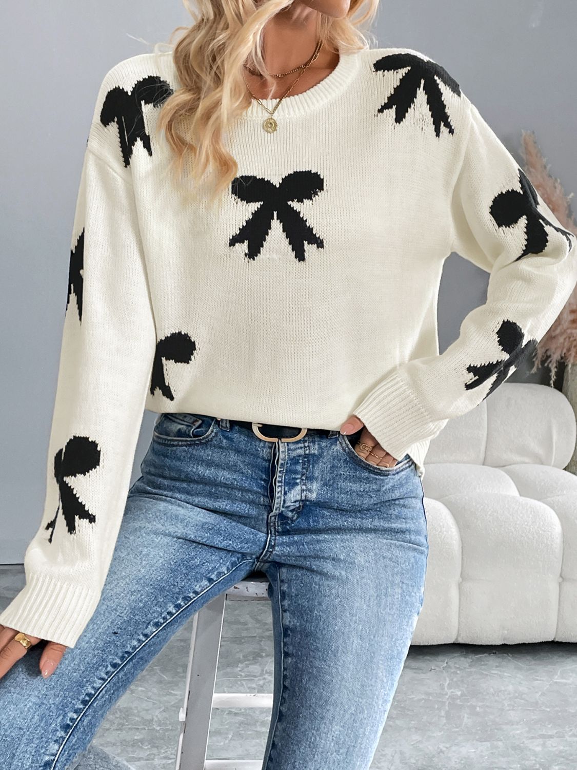 Perfee Bow Graphic Round Neck Long Sleeve Sweater | Maekery Studio