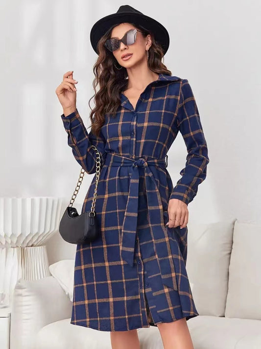 Plaid Tie Waist Long Sleeve Dress | Maekery Studio