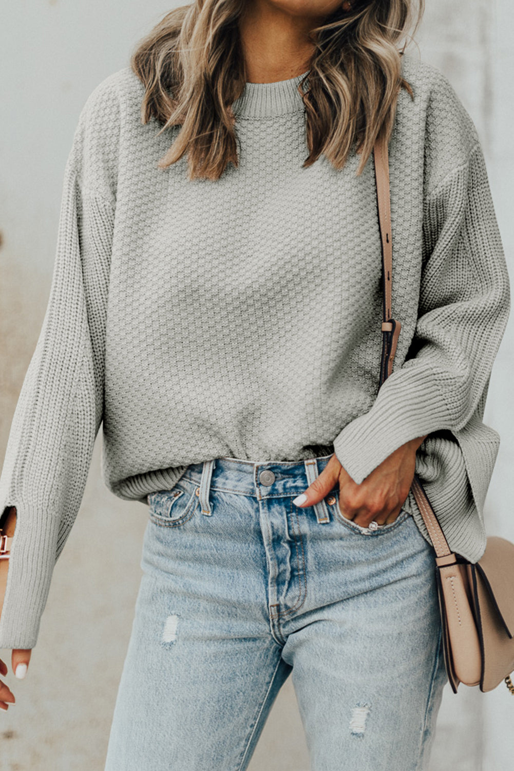 Textured Round Neck Long Sleeve Sweater | Maekery Studio