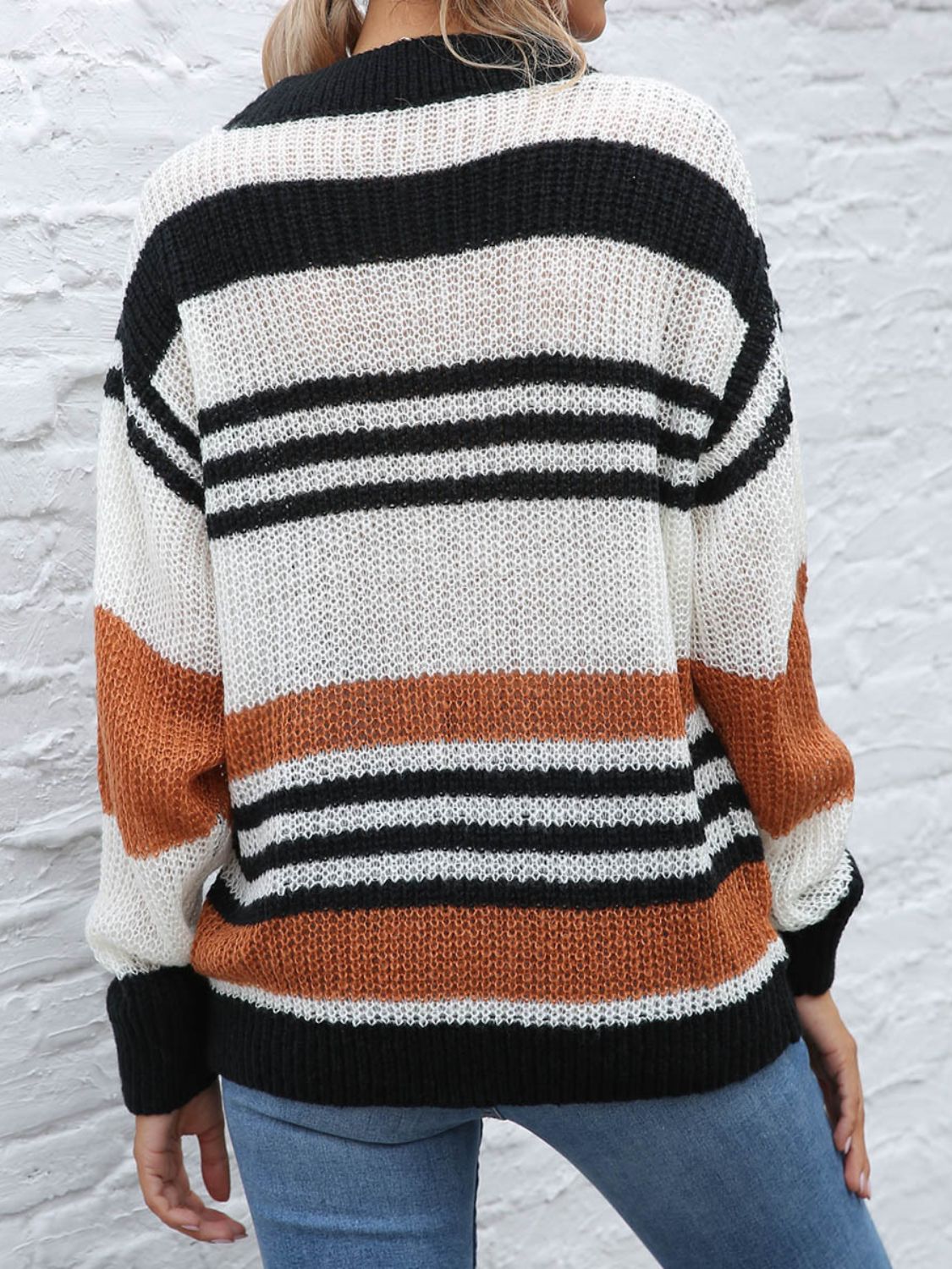 Contrast Striped Round Neck Long Sleeve Sweater | Maekery Studio