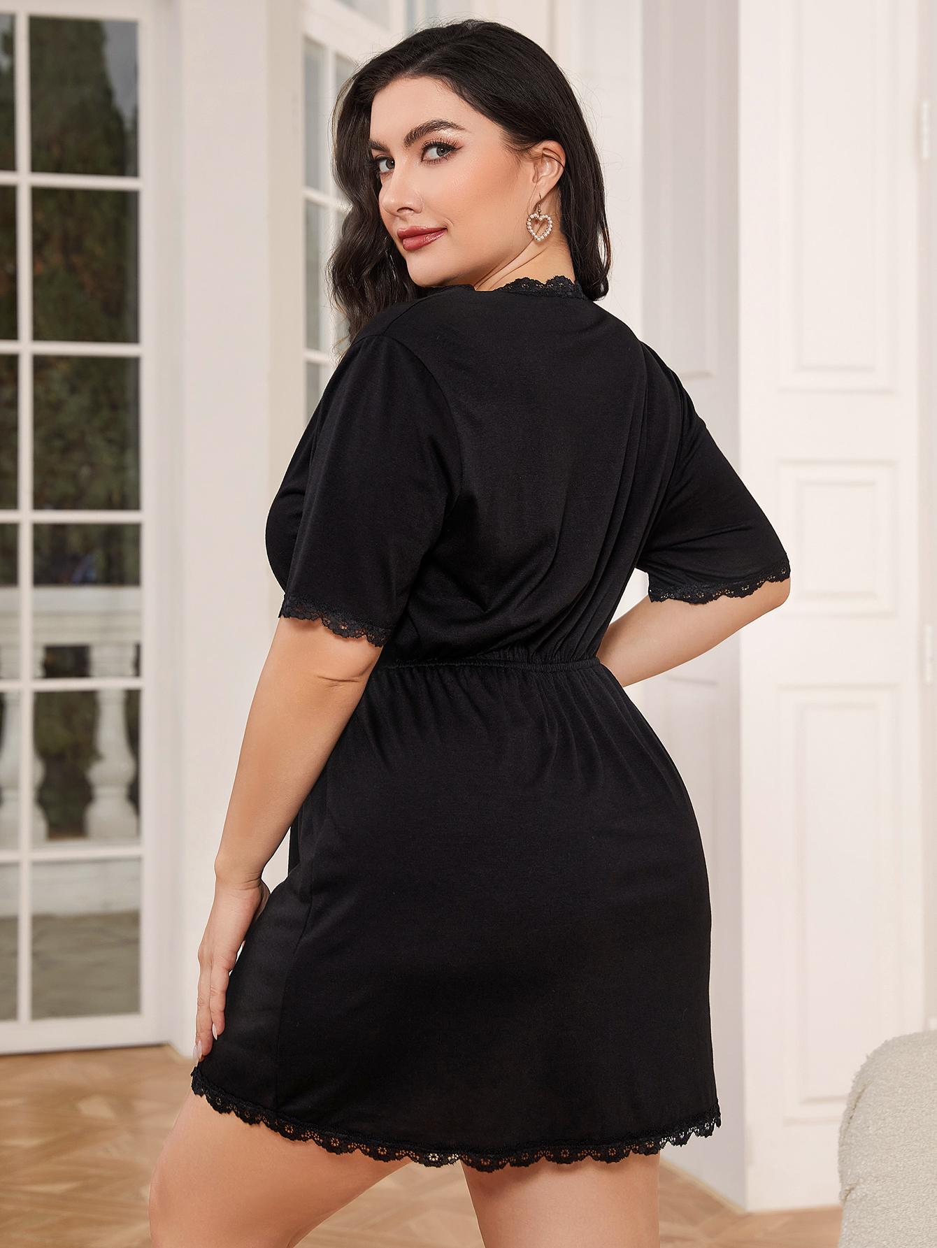 Plus Size Lace Trim Deep V Night Dress | Maekery Studio