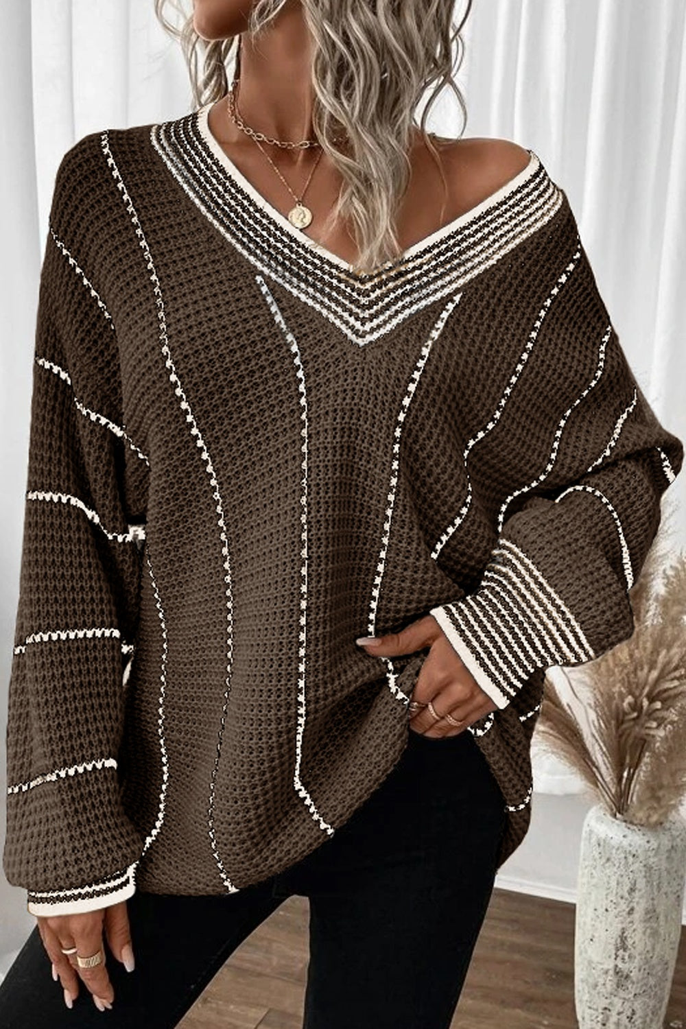 Striped V-Neck Dropped Shoulder Sweater | Maekery Studio