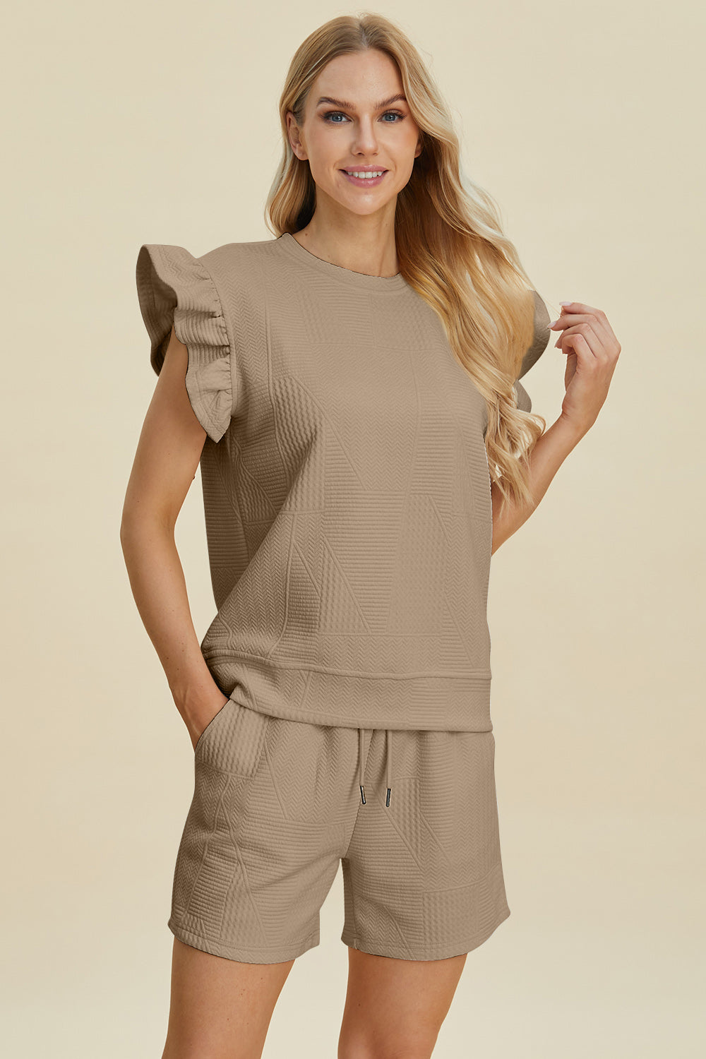 Double Take Full Size Texture Round Neck Ruffle Sleeve Top and Shorts Set | Maekery Studio