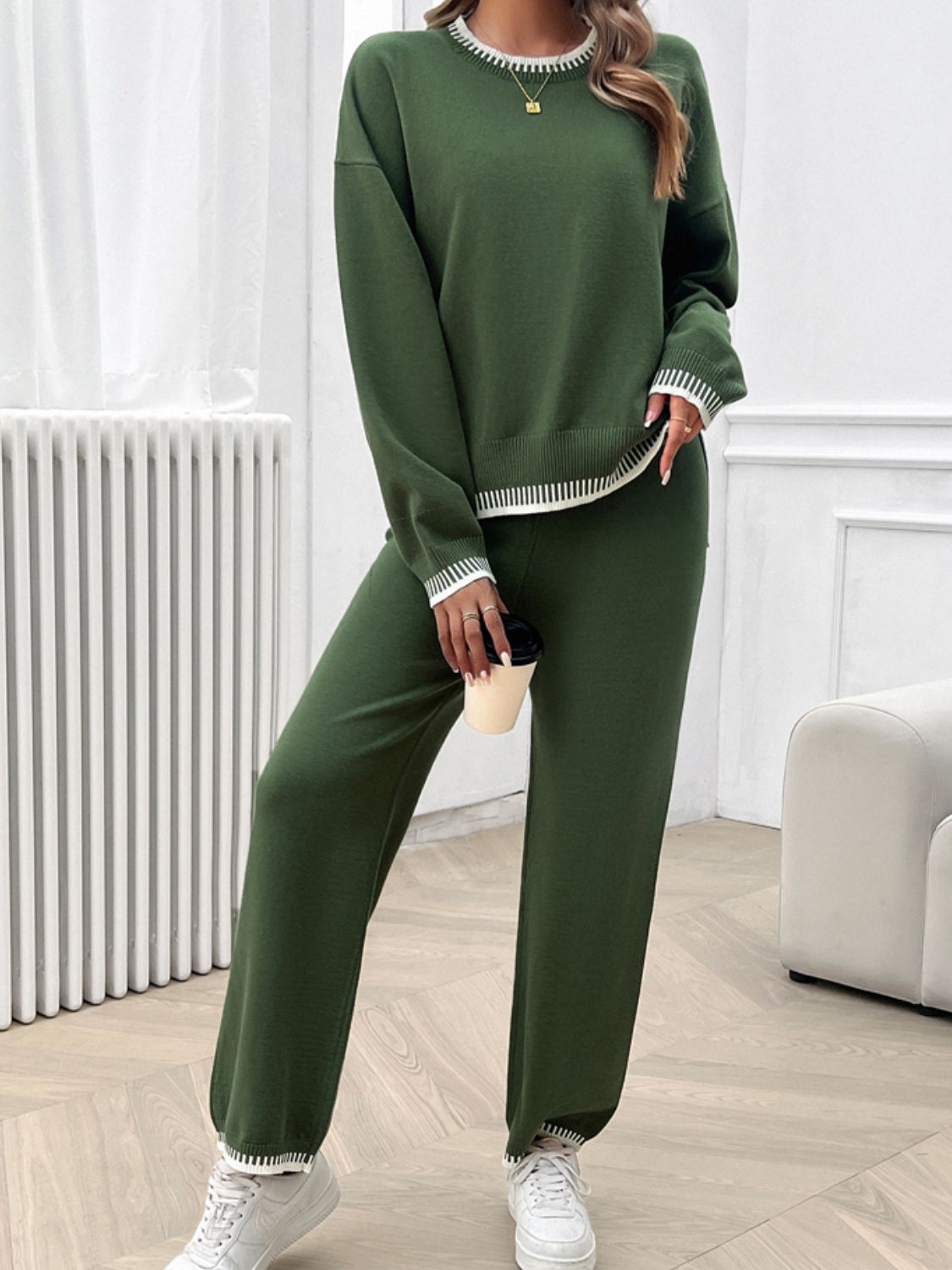 Devine Round Neck Dropped Shoulder Top and Pants Sweater Set | Maekery Studio