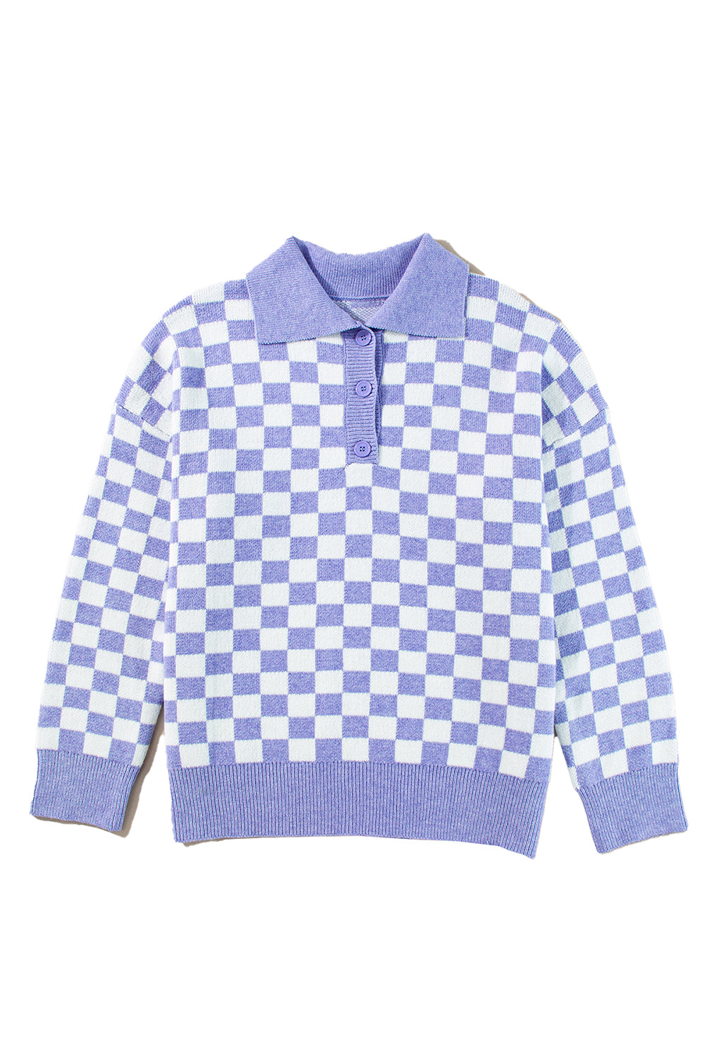 Purple Checkered Collared Buttons Plus Size Sweater | Maekery Studio