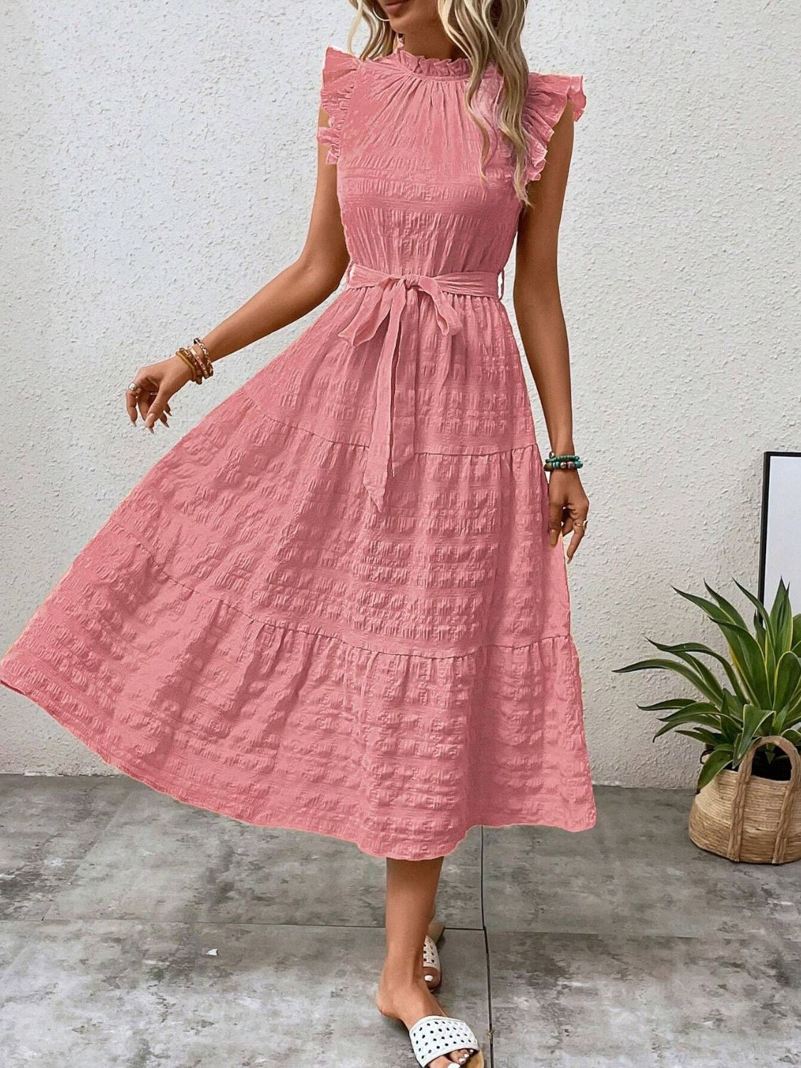 Tied Ruffled Cap Sleeve Midi Dress | Maekery Studio