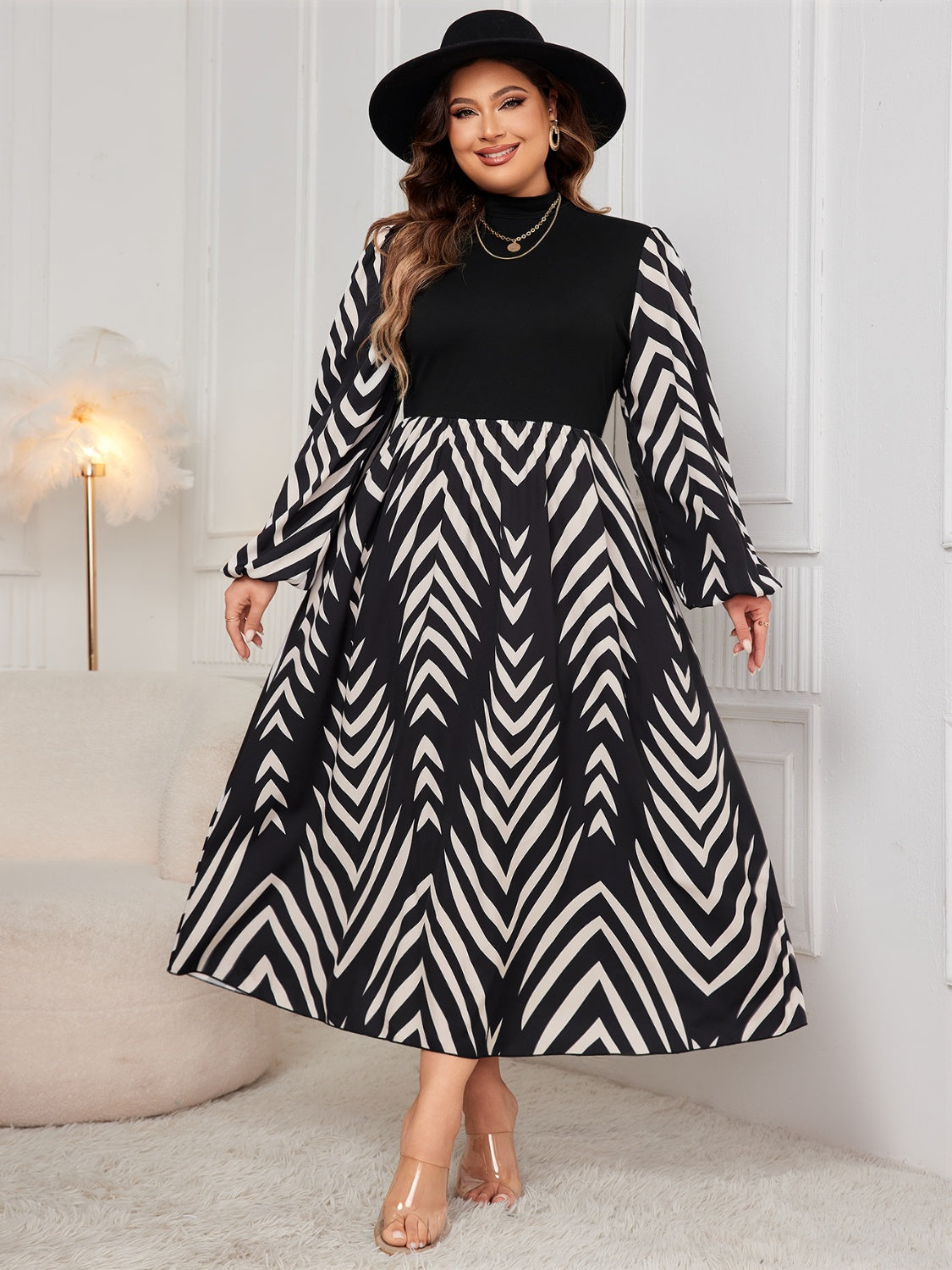 Honey Plus Size Printed Mock Neck Long Sleeve Midi Dress | Maekery Studio