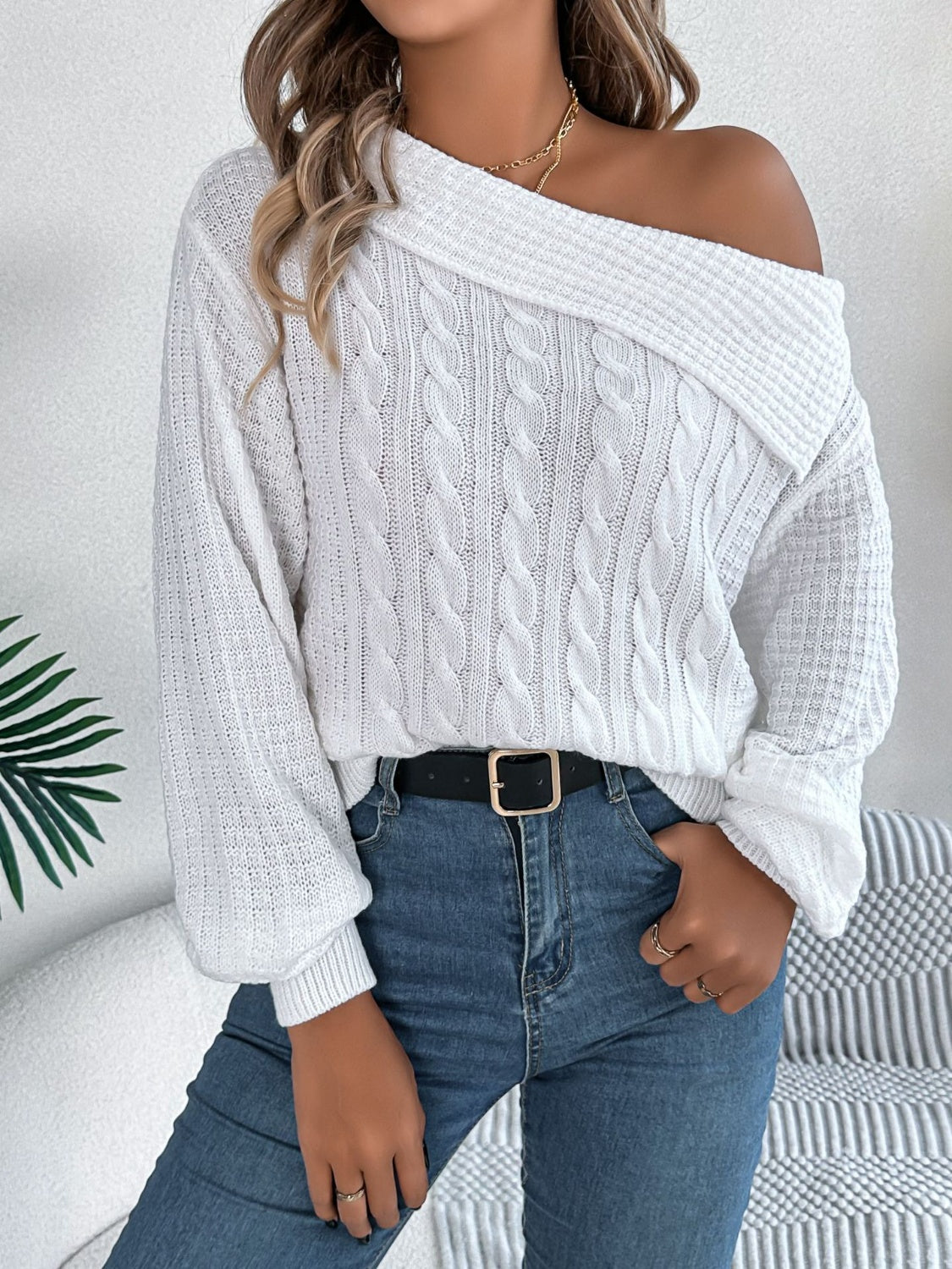 Cable-Knit One Shoulder Long Sleeve Sweater | Maekery Studio