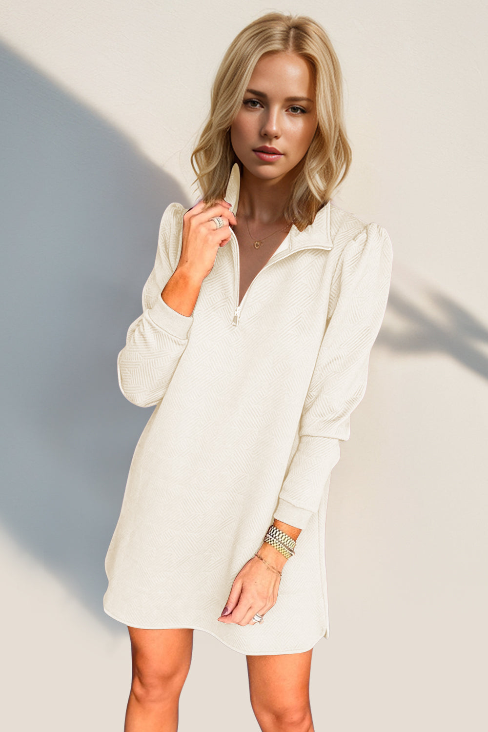 Double Take Textured Quarter Zip Long Sleeve Dress | Maekery Studio