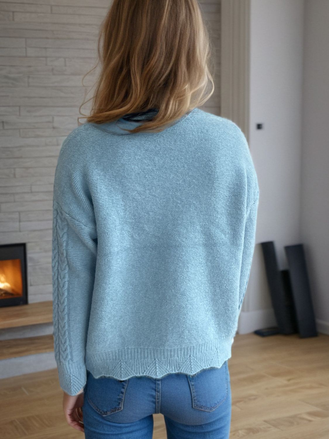 Cable-Knit Mock Neck Dropped Shoulder Sweater