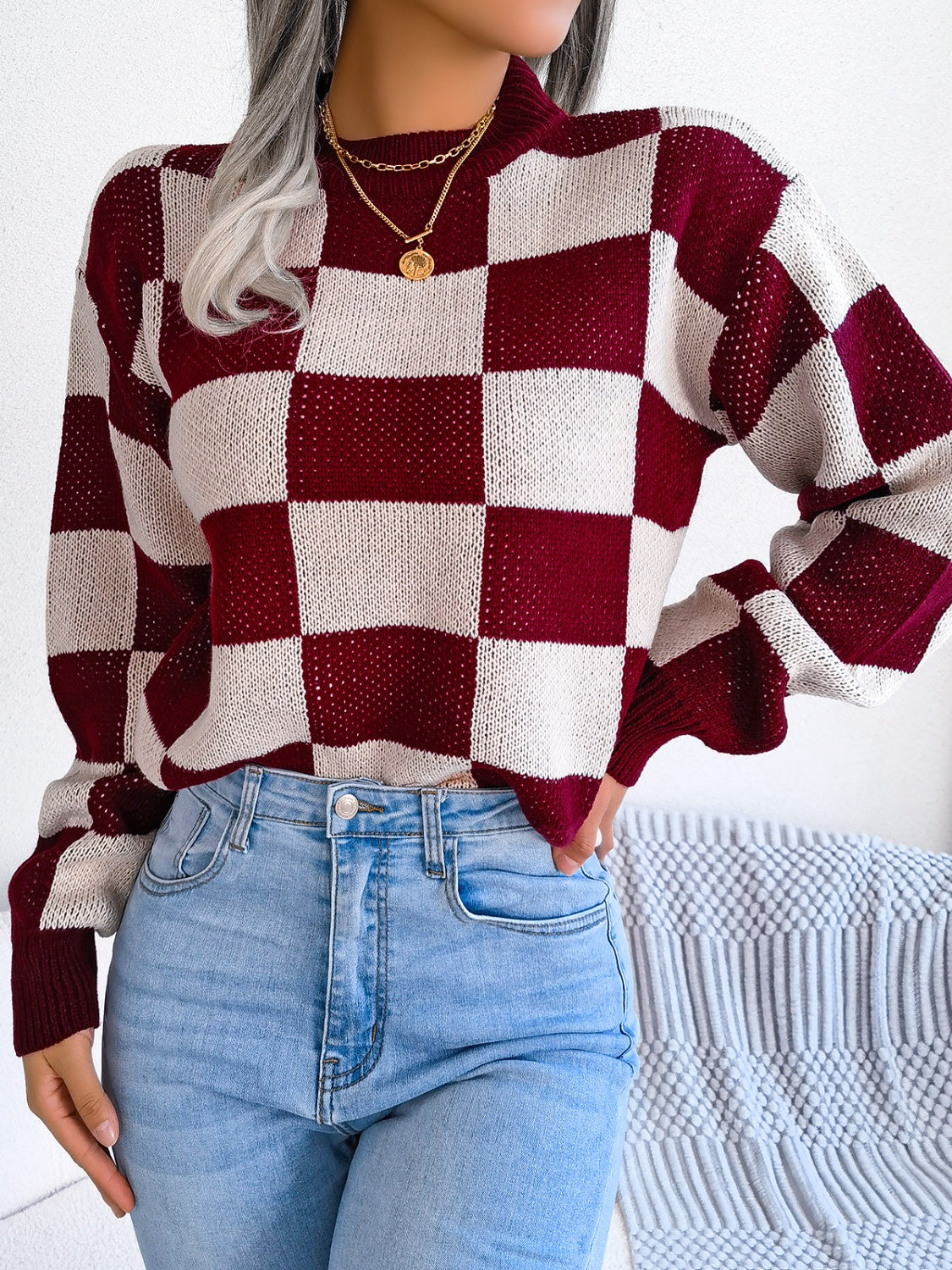 Checkered Mock Neck Long Sleeve Sweater | Maekery Studio