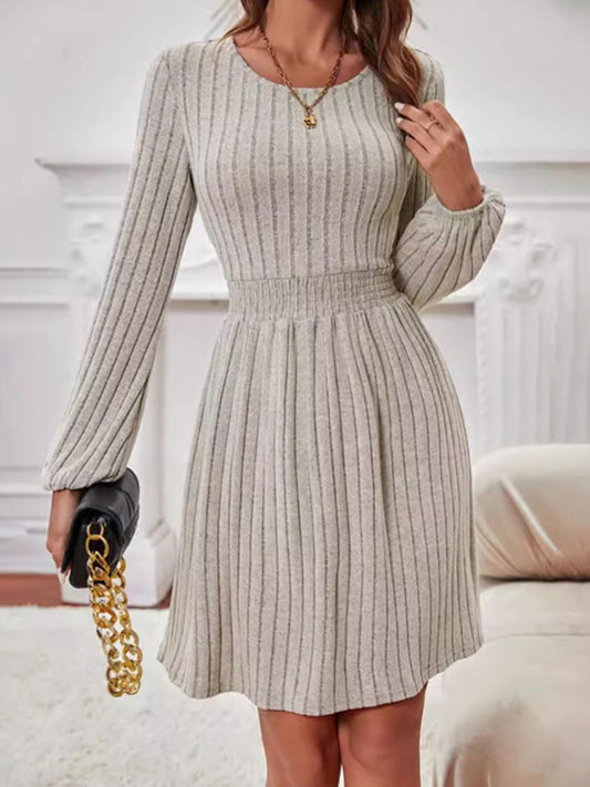 Smocked Round Neck Long Sleeve Knee Length Dress | Maekery Studio