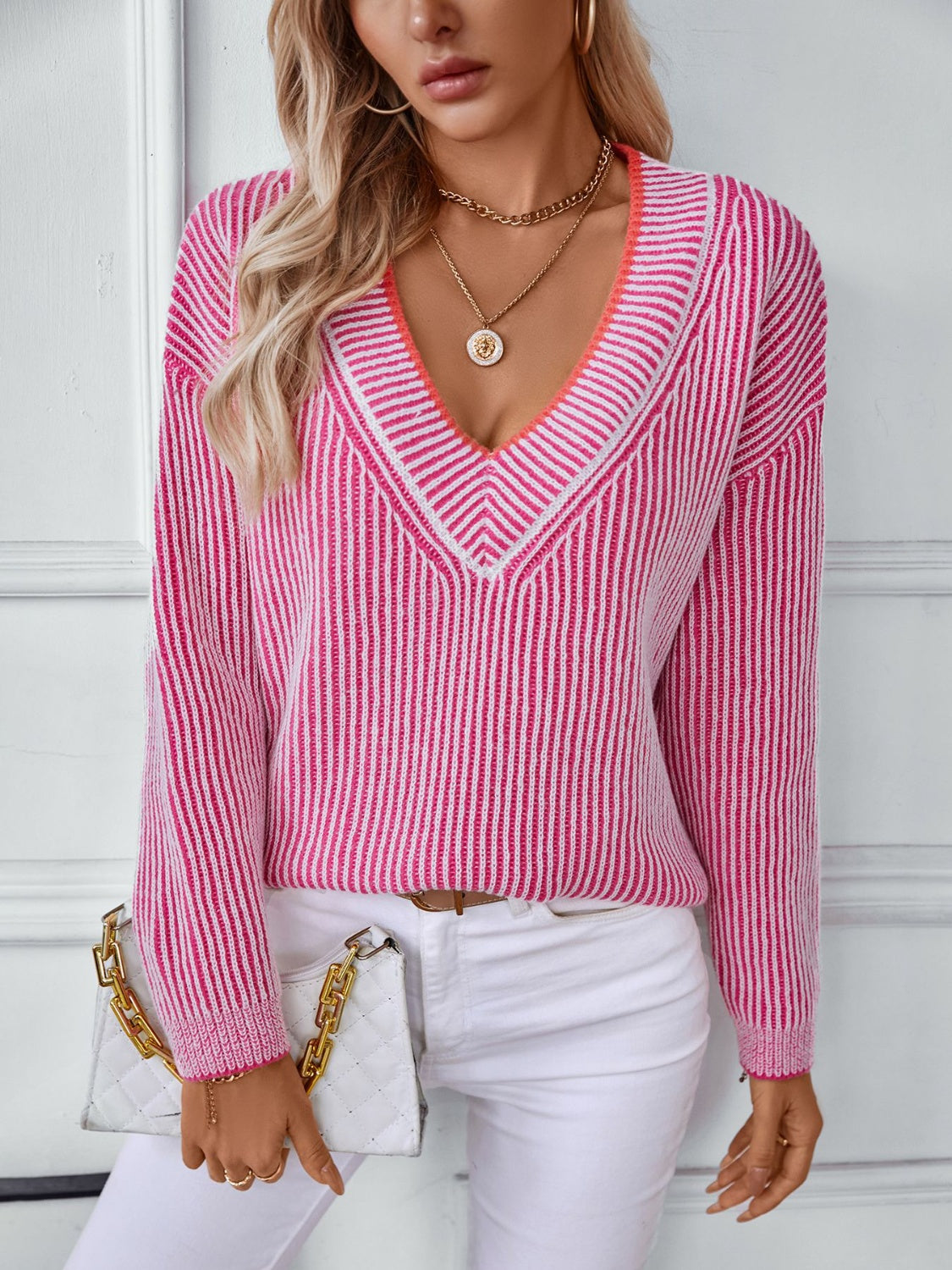 Striped V-Neck Long Sleeve Sweater | Maekery Studio