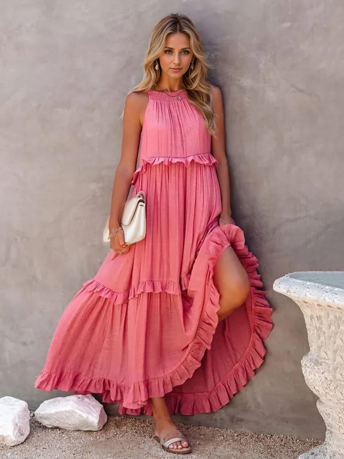 Ruffled Sleeveless Tiered Maxi Dress with Pockets | Maekery Studio