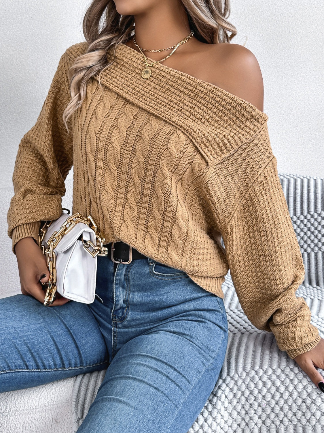 Cable-Knit One Shoulder Long Sleeve Sweater | Maekery Studio