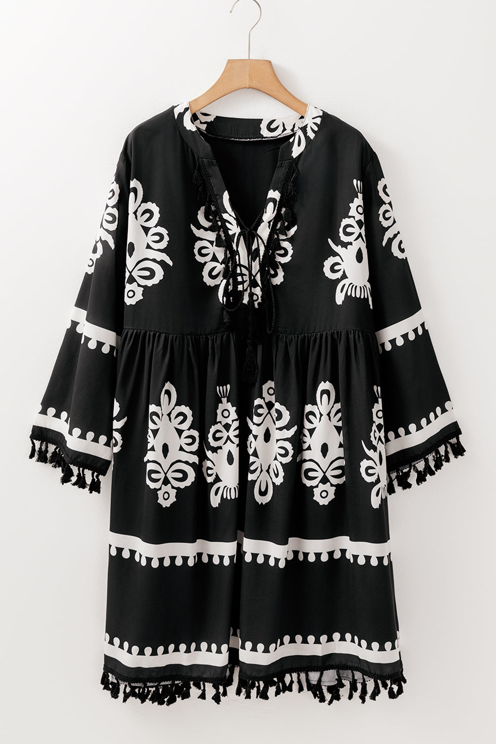 Black Ethnic Print Fringe Hem Plus Size Dress | Maekery Studio