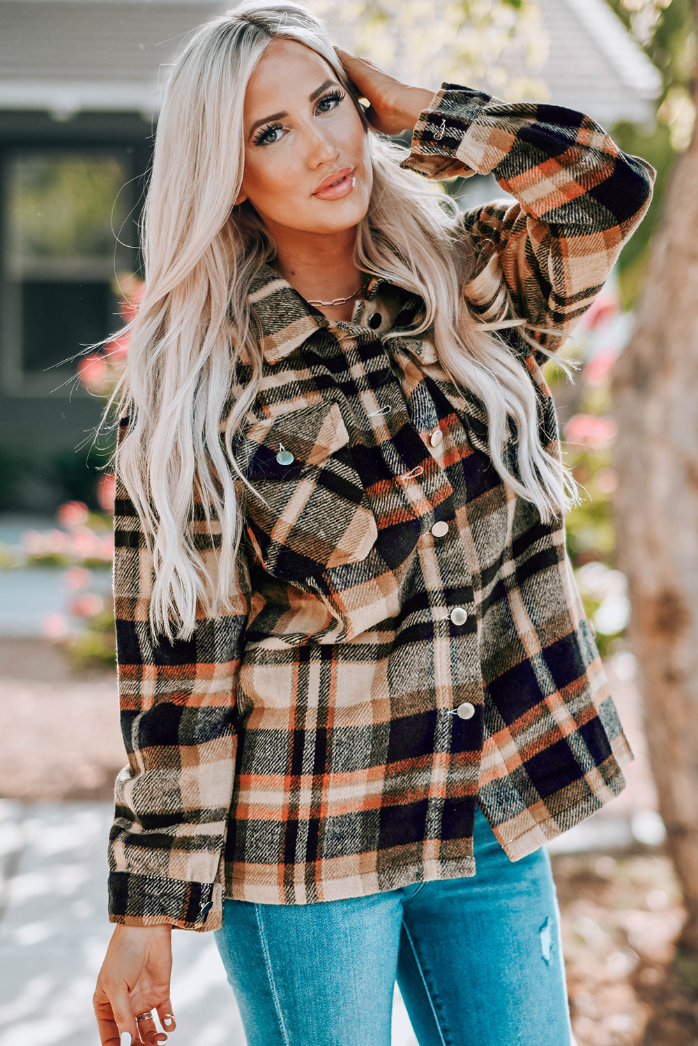 Plaid Button Front Shirt Jacket with Breast Pockets | Maekery Studio