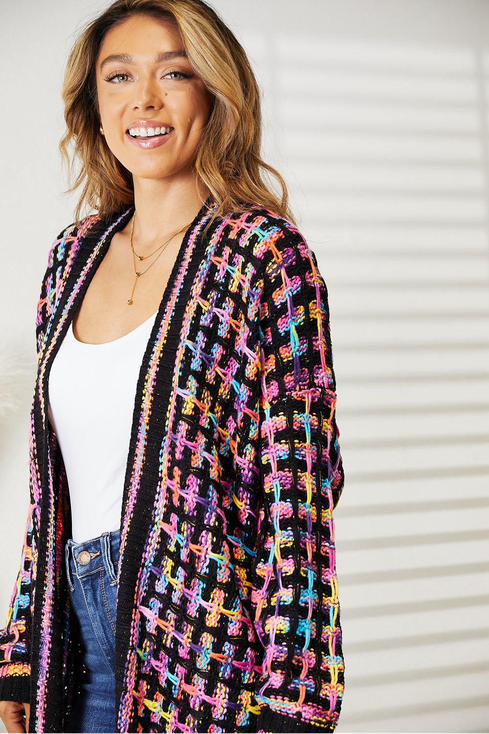 Angel Wings Full Size Multicolored Open Front Fringe Hem Cardigan | Maekery Studio