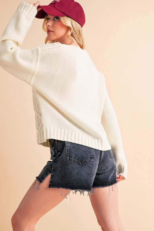 Aemi+Co Contrast Number Cable Knit Drop Shoulder Sweater | Maekery Studio