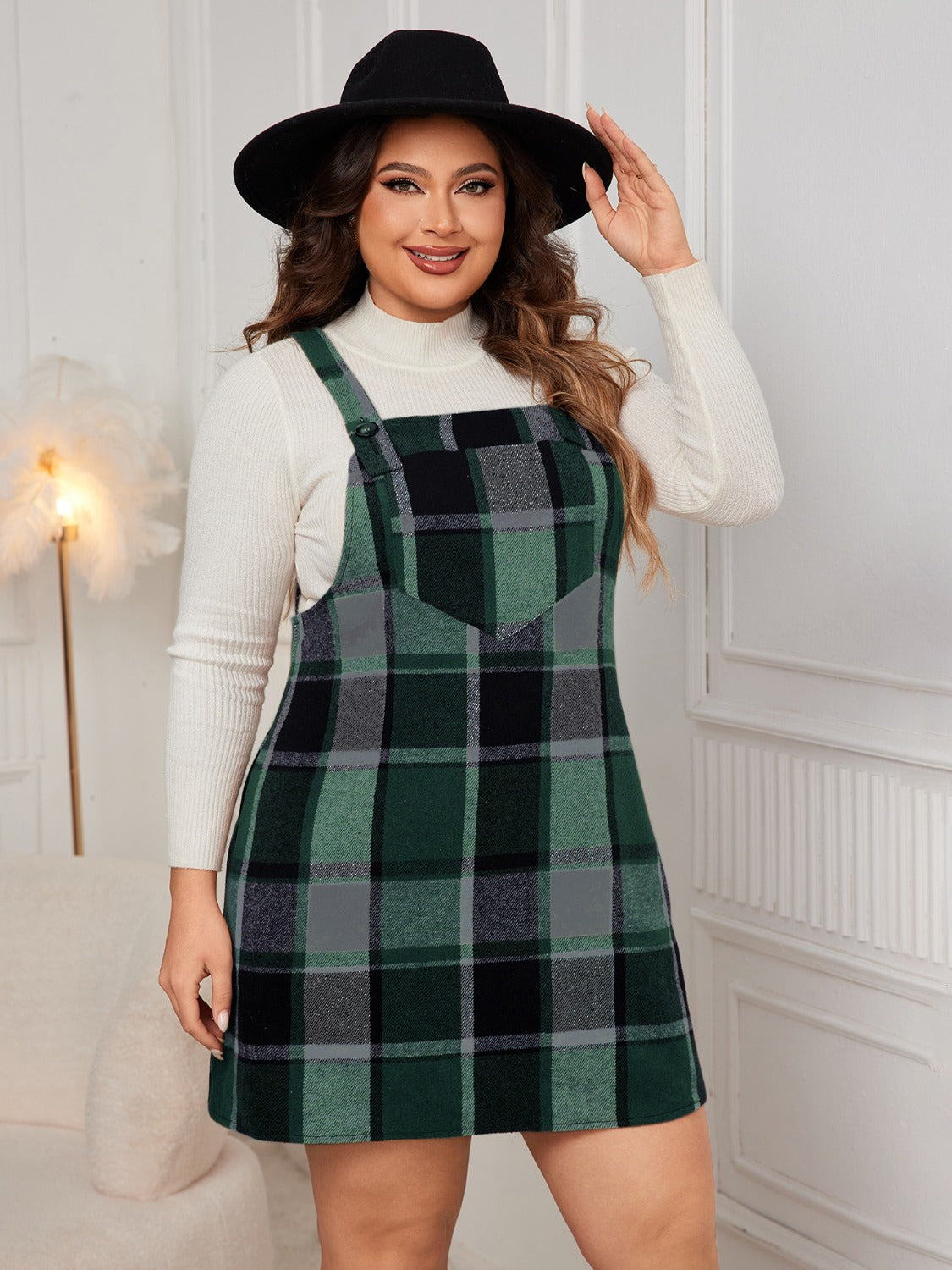 Honey Plus Size Plaid Wide Strap Overall Dress | Maekery Studio