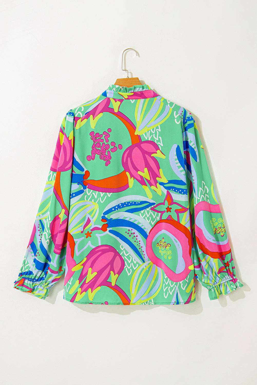 Green Plus Size Abstract Frill V Neck Puff Sleeve Blouse | Maekery Studio