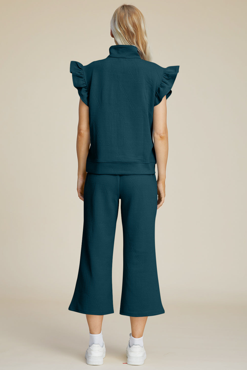 Double Take Full Size Texture Ruffle Short Sleeve Top and Wide Leg Pants Set | Maekery Studio