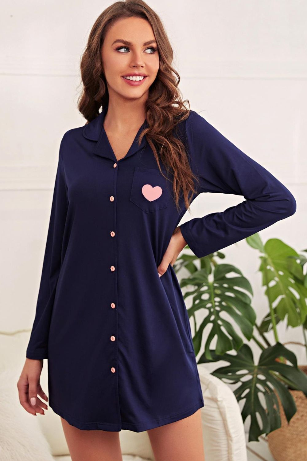 Heart Graphic Lapel Collar Night Shirt Dress | Maekery Studio