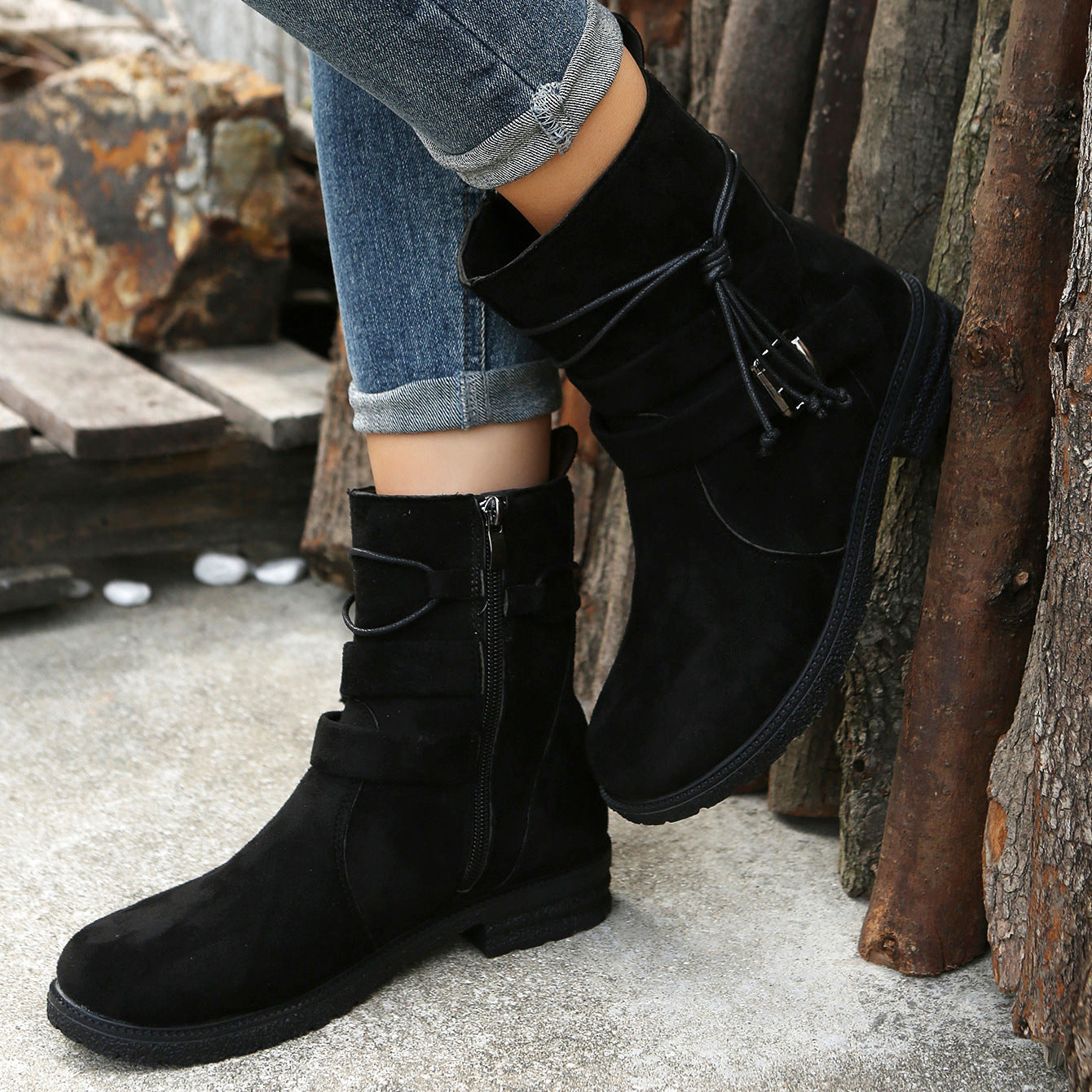 Suede Side Zip Round Toe Boots | Maekery Studio