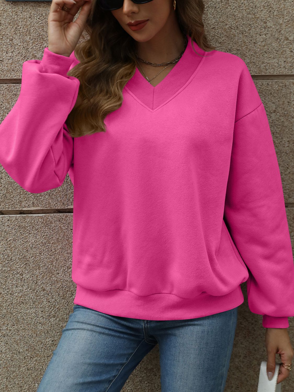 V-Neck Long Sleeve Dropped Shoulder Sweatshirt | Maekery Studio