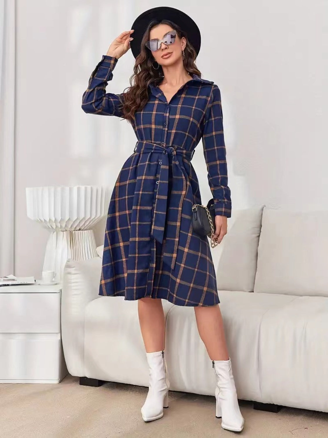 Plaid Tie Waist Long Sleeve Dress | Maekery Studio