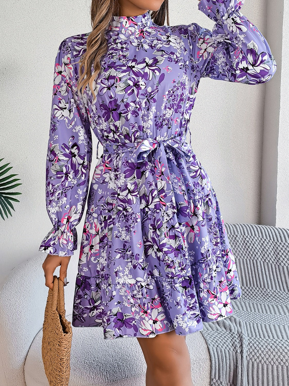 Printed Mock Neck Flounce Sleeve Mini Dress | Maekery Studio