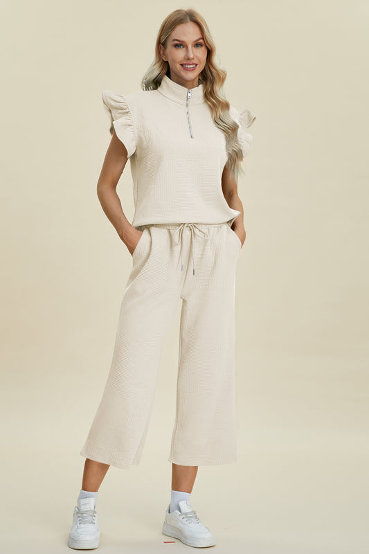 Double Take Full Size Texture Ruffle Short Sleeve Top and Wide Leg Pants Set | Maekery Studio