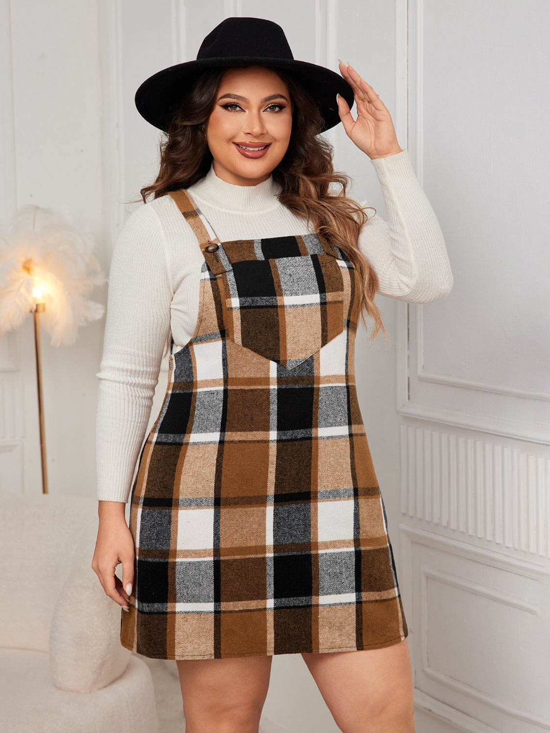 Honey Plus Size Plaid Wide Strap Overall Dress | Maekery Studio