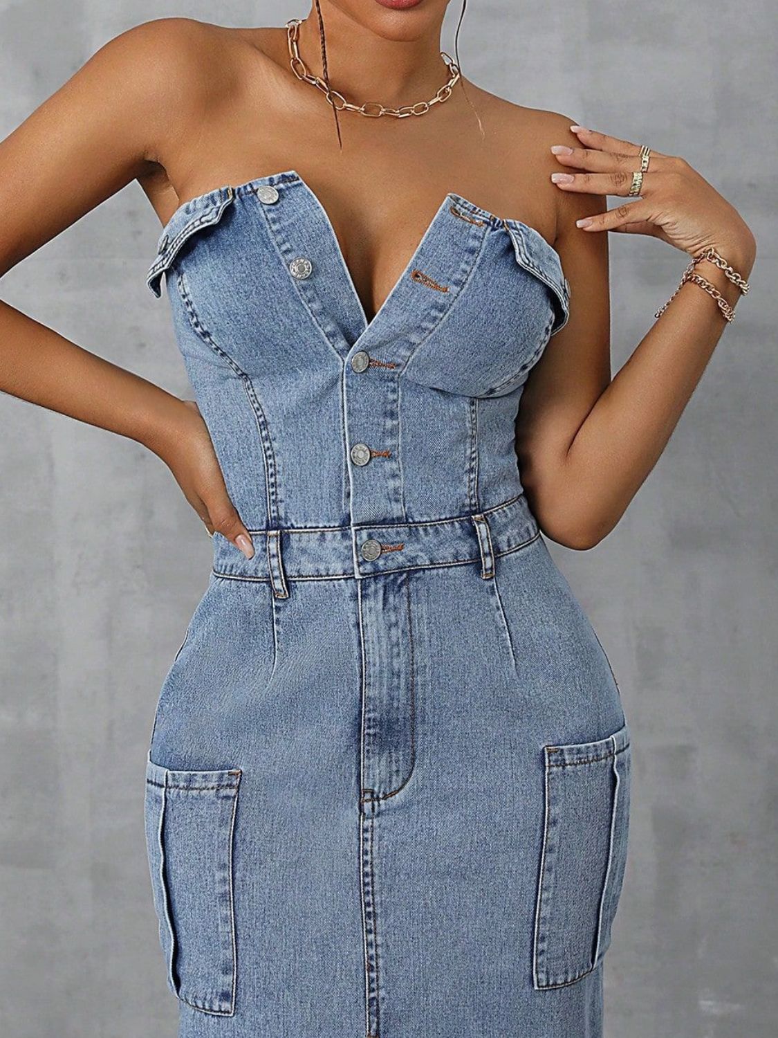 Slit Half Button Tube Denim Dress | Maekery Studio