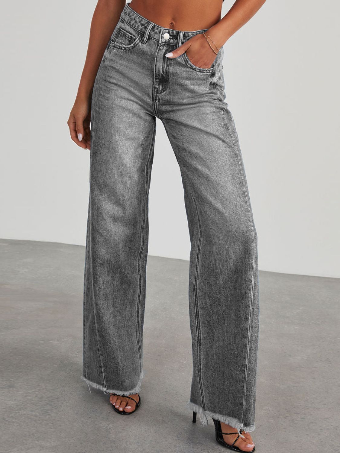 Raw Hem Wide Leg Jeans with Pockets | Maekery Studio