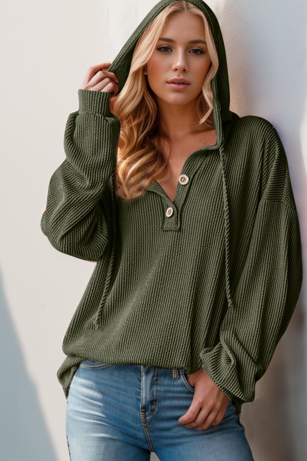 Double Take Full Size Half Button Long Sleeve Hoodie | Maekery Studio