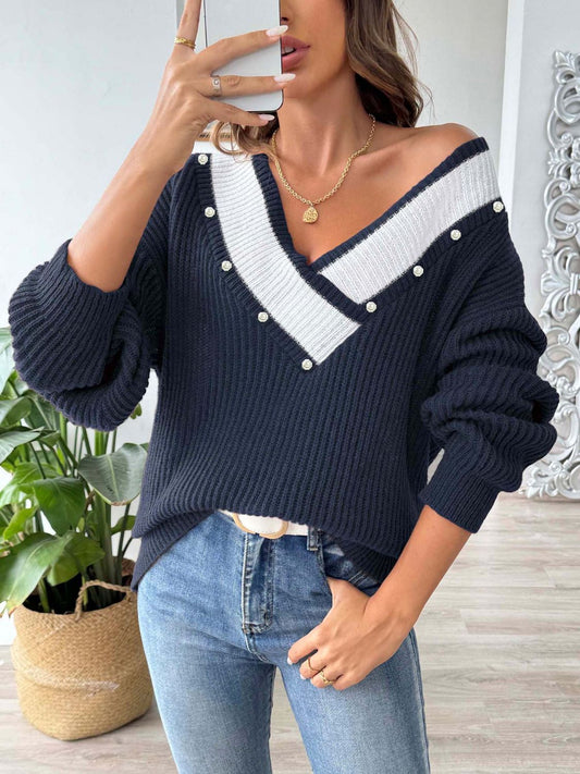 Contrast Trim Dropped Shoulder Long Sleeve Sweater | Maekery Studio