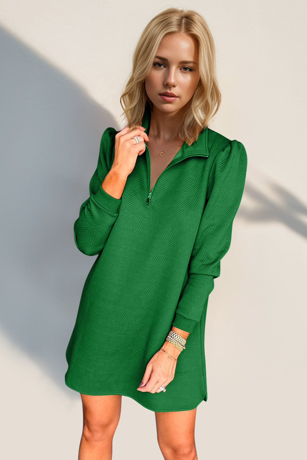 Double Take Textured Quarter Zip Long Sleeve Dress | Maekery Studio