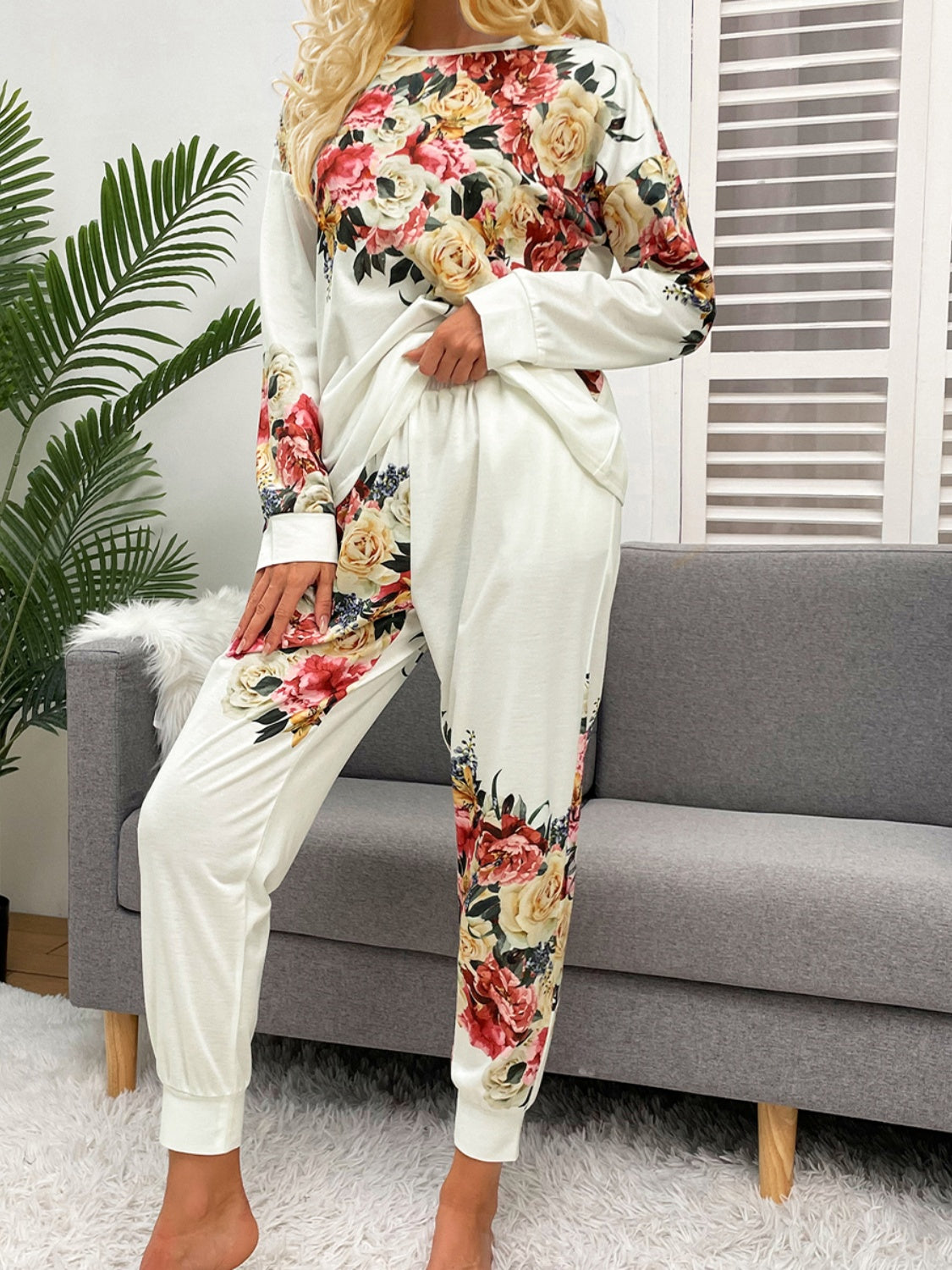 Shiny Printed Round Neck Top and Pants Lounge Set | Maekery Studio